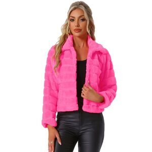 Faux Fur Fluffy Coat Collar Warm Winter Outwear Cropped Jacket Hot Pink